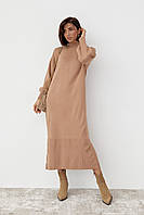 Длинное платье oversize с разрезами - светло-коричневый цвет, Машинная вязка, однотонный, Турция