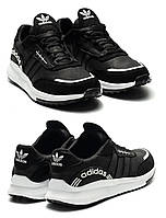 Мужские кожаные кроссовки Adidas (Адидас) Black, кеды кожаные повседневные черные. Мужская обувь