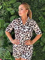 Женская леопардовая шелковая пижама с шортами в принт зебры Coccolarsi домашний костюм рубашка шорты шелк