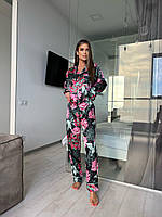 Жіноча шовкова чорна піжама Dior Діор у квіти сорочка штани шовкова піжама домашній костюм