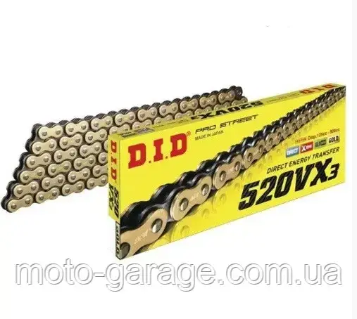 Ланцюг привідний D. I. D. 520VX3 G&B-118, X-RING, GOLD, (d.i.d. made in japan) Колір чорно-золотий,