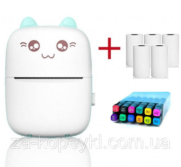 Портативний кишеньковий дитячий принтер Mini printer з термодруком Блакитний + папір 5 шт + маркерів 12 шт