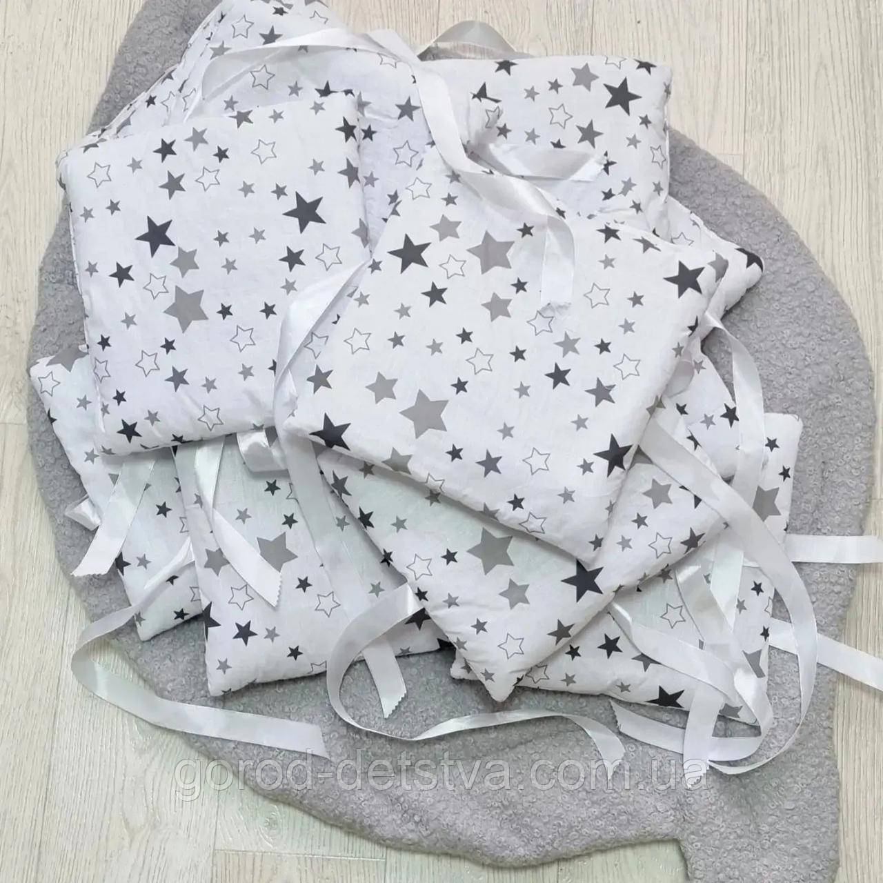 Захист 12 подушок бортики бампер на 4 сторони в дитяче ліжечко 120*60 см на зав'язочках висота 30 см, фото 1