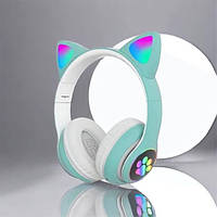 Bluetooth навушники з котячими вушками CAT STN-28 зелені | Бездротові навушники з IE-911 вушками котика