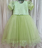Блестящее салатовое нарядное детское платье с рукавчиком-фонариком на 4-6 лет
