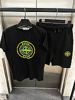 Мужской летний костюм футболка и шорты Stone Island Black Мужской комплект Черный лого