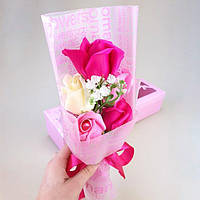 Букет из 5 мыльных роз ручной работы 34*19*5.5 см, цветы из мыла Розовый