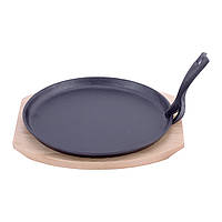 Сковорода гриль чавун для подавання Kamille Vizo сковорідка чавунна 25 см на дерев'яній підставці для індукції