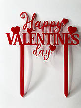 Топер прикраса на день закоханих у торт "Happy Valentines day" червоного кольору