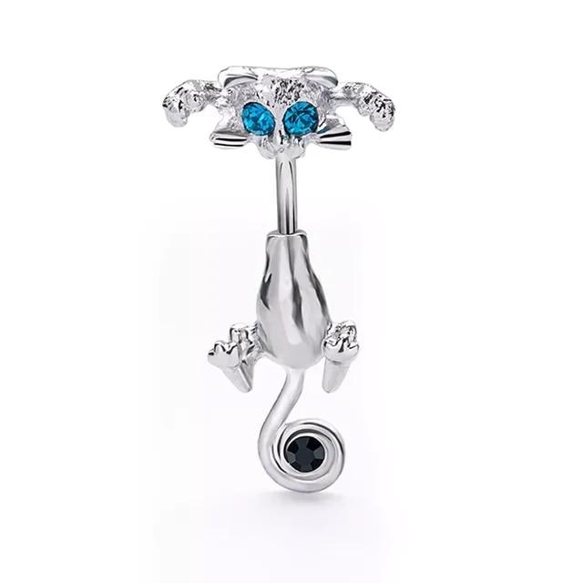 Сережка для пірсингу пупка Кішечка Liresmina Jewelry срібляста нержавіюча сталь з блакитним цирконом 3.7 см