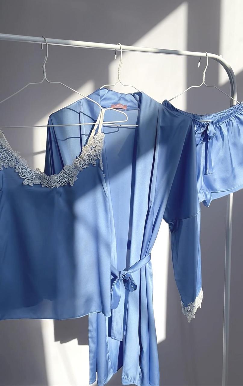 Комплект халат, майка і шорти з шовку Армані Christel 068 блакитний S, фото 1