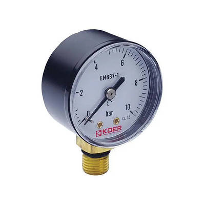 Манометр для води 0-10 бар, 1/4", діаметр 50 мм, прилад для вимірювання тиску води у водопроводі, Koer