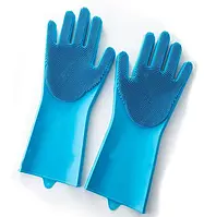 Перчатки для мытья посуды уборки силиконовые с мочалкой Синие Лучшая цена