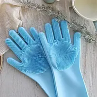 Перчатки для мытья посуды уборки силиконовые с мочалкой Голубые Лучшая цена