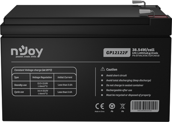 Акумуляторна батарея nJoy 12 V / 12 A GGM F2 GP12122F чорна BTVACATBCTI2FCN01B, фото 1
