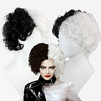 Парик женский 30 см синтетический короткие черно-белые вьющиеся волосы Круэла