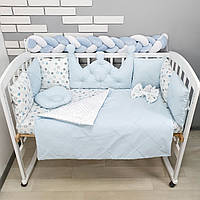 Комплект постільної білизни з ковдрою та бортиками на 4 боки ліжка 120х60см-Корона блакитна з стяжкою та косою