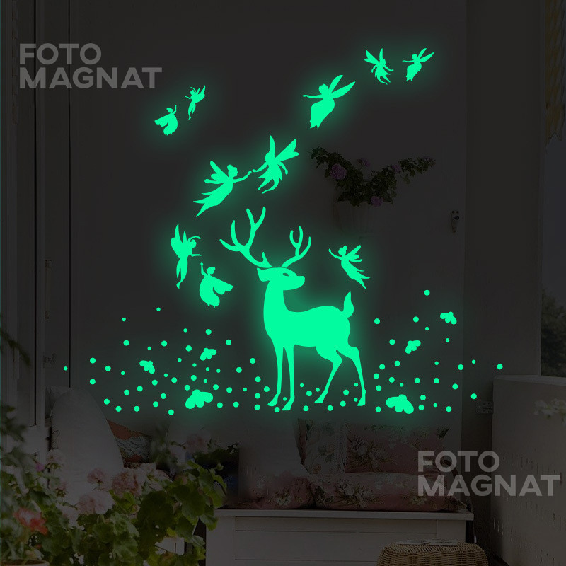 Фосфорні наліпки на стіну або стелю "Fairy deer" - люмінесцентні наліпки, що світяться, олень, феї, зірки 97 шт.