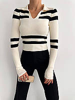 Трендовий жіночий теплий смугастий светр оверсайз кофта в смужку 42-46 трикотаж Туреччина кофта поло Бежевий