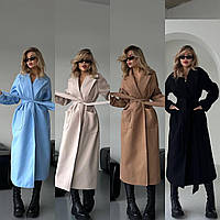 Женское базовое кашемировое демисезонное трендовое пальто на запах с накладными карманами и поясом Турция VV