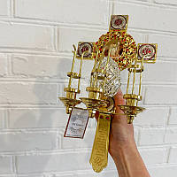 Трехсвечник пасхальный латунный с крестом и декором, пасхальный декор, 30,5х15,5х13 см