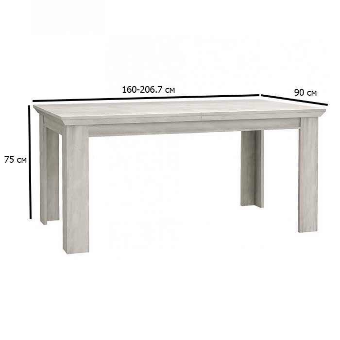 Розкладний обідній стіл дсп Kashmir 160-206.7х90 см біла сосна у вітальню прованс, фото 1