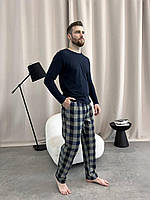 Новинка! Домашняя пижама для мужчин COSY из фланели (штаны+лонгслив) клетка хаки