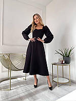Женское черное платье длинны миди с длинным рукавом красивое длинное платье из качественной костюмной ткани 46/48