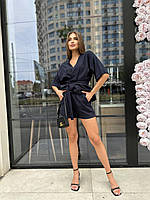 Новинка! Стильный красивый женский льняной костюм Lotos (кимоно и шорты), темно-синий