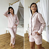 Новинка! Пижамный домашний женский комплект COSY 3-ка из сатина (рубашка+штаны+шорты) Pearl пильная пудра