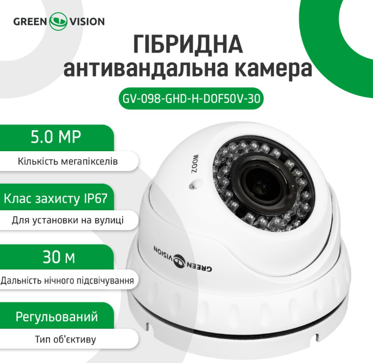 Камера GreenVision GV-098-GHD-H-DOF50V-30 Гибридная антивандальная камера Камера уличная наружная Камера 5MP - фото 5 - id-p2096081639