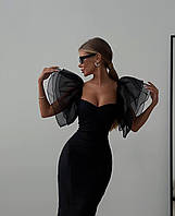 Женское нарядное черное миди платье для особого повода с красивым декольте с прозрачными рукавами 44/46