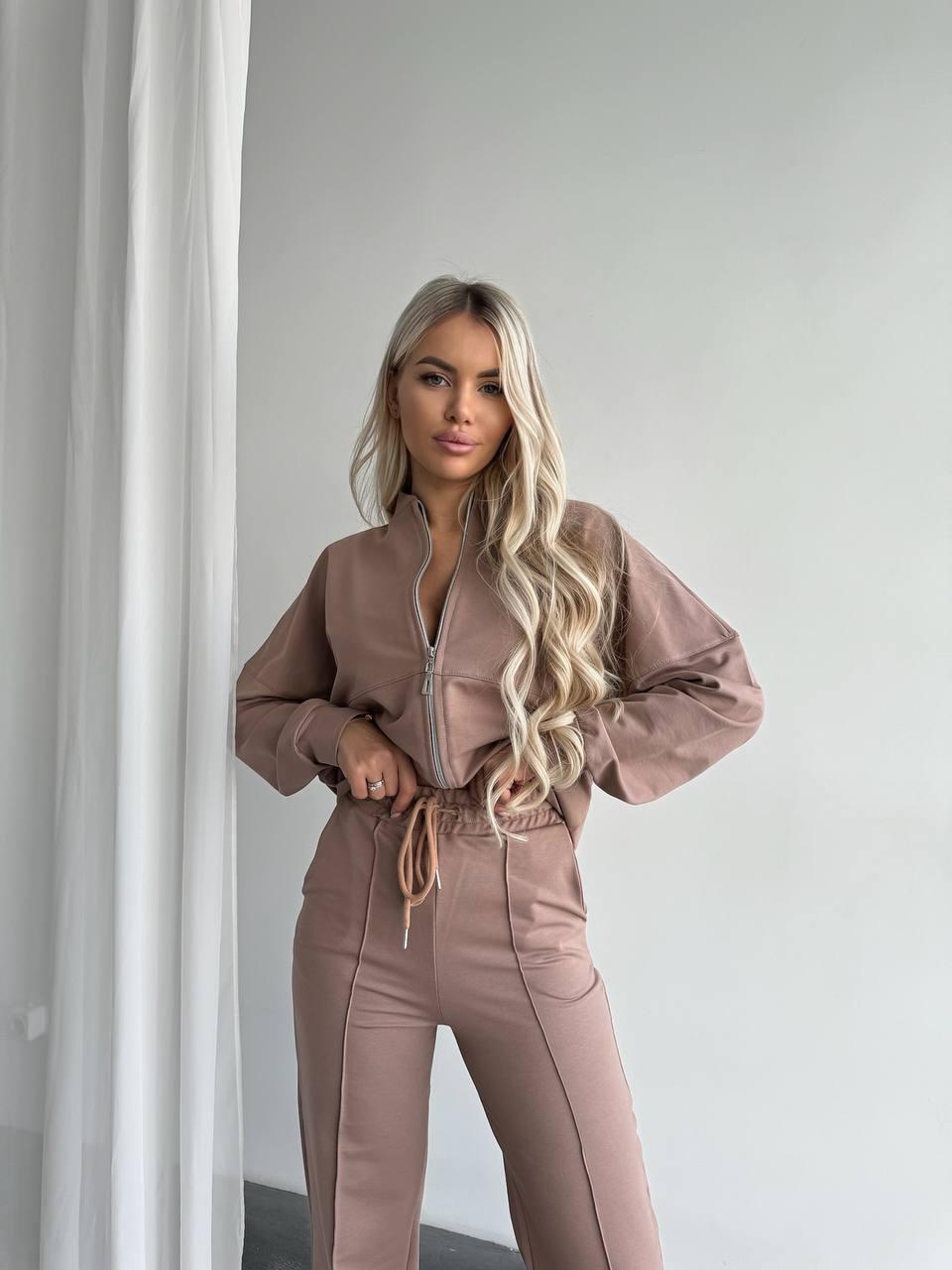 Жіночий повсякденний костюм з двунитки в стилі Zara: Штани кльош з кишенями і Кофта на блискавці Колір Мокко, фото 1