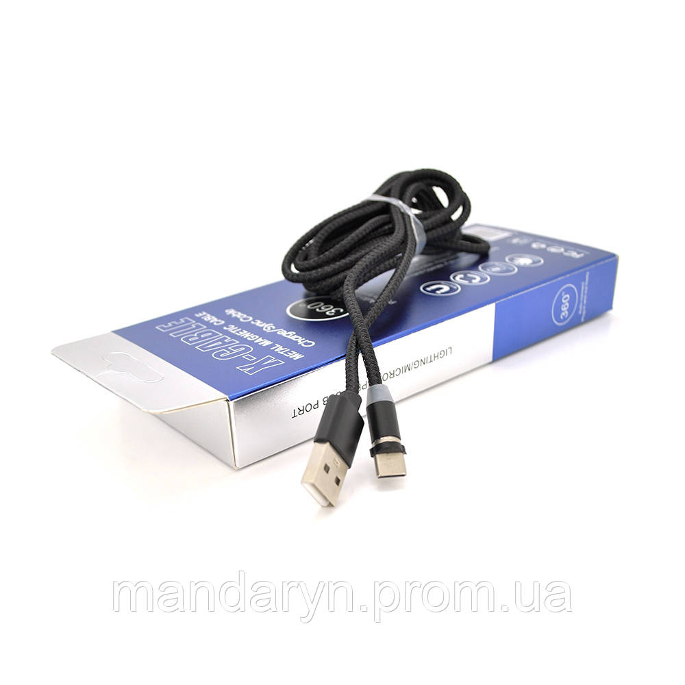 Магнитный кабель PiPo USB 2.0/Lighting, 1m, 2А, тканевая оплетка, бронированный, съемник, Black, BOX b - фото 1 - id-p2062941790