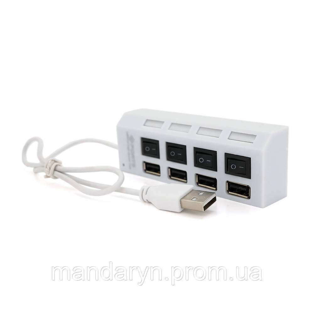Хаб USB 2.0 4 порта с переключателями на каждый порт, White, 480Mbts High Speed, поддержка до 0,5ТВ, питание - фото 1 - id-p2062941843