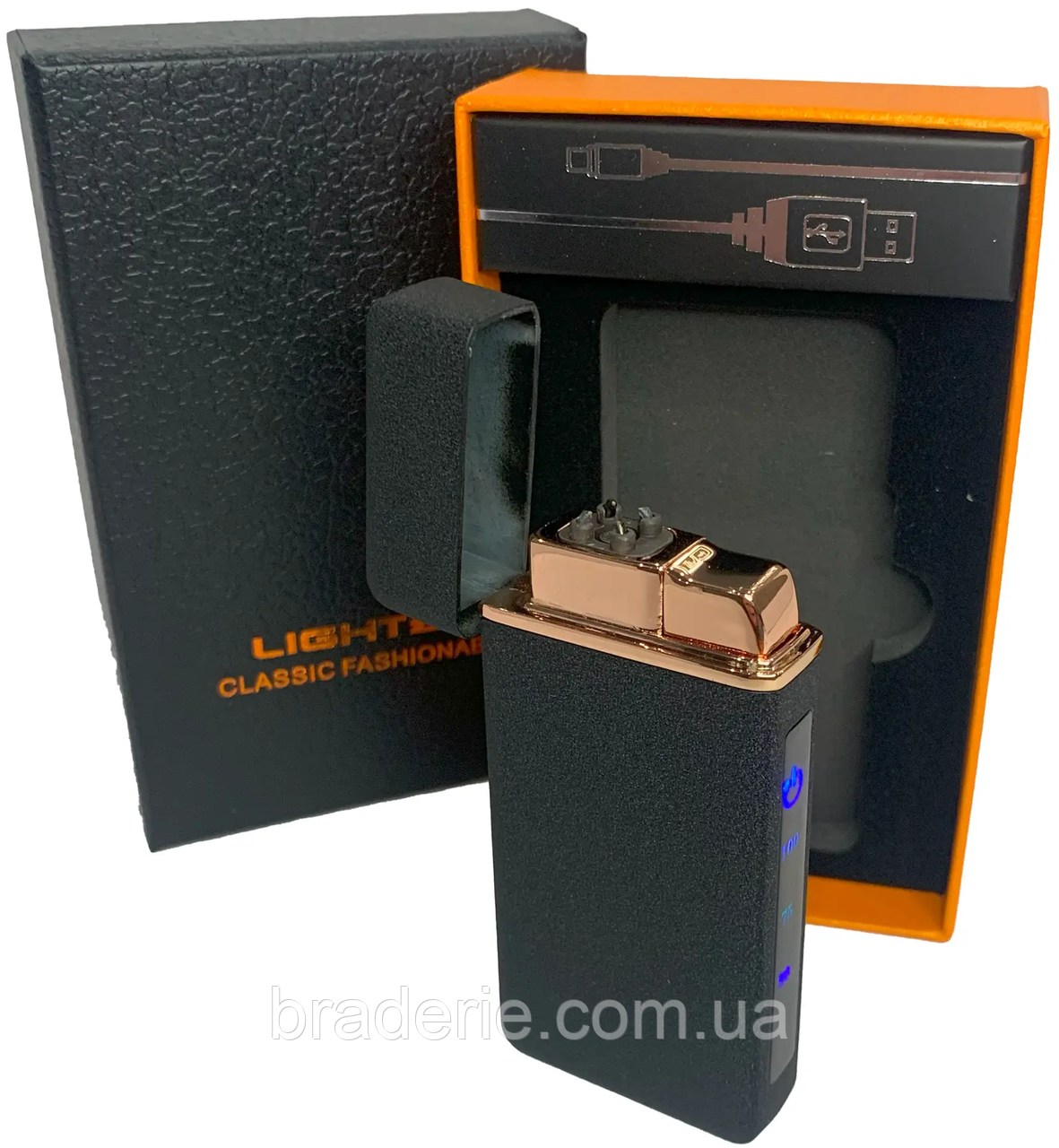 Зажигалка электронная USB + газовая подарочная с фонариком (2 молнии и ...