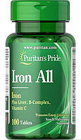Мультиминеральный комплекс Puritan's Pride Iron All (Plus Liver, B-complex, Vitamin-C) 100 Tabs