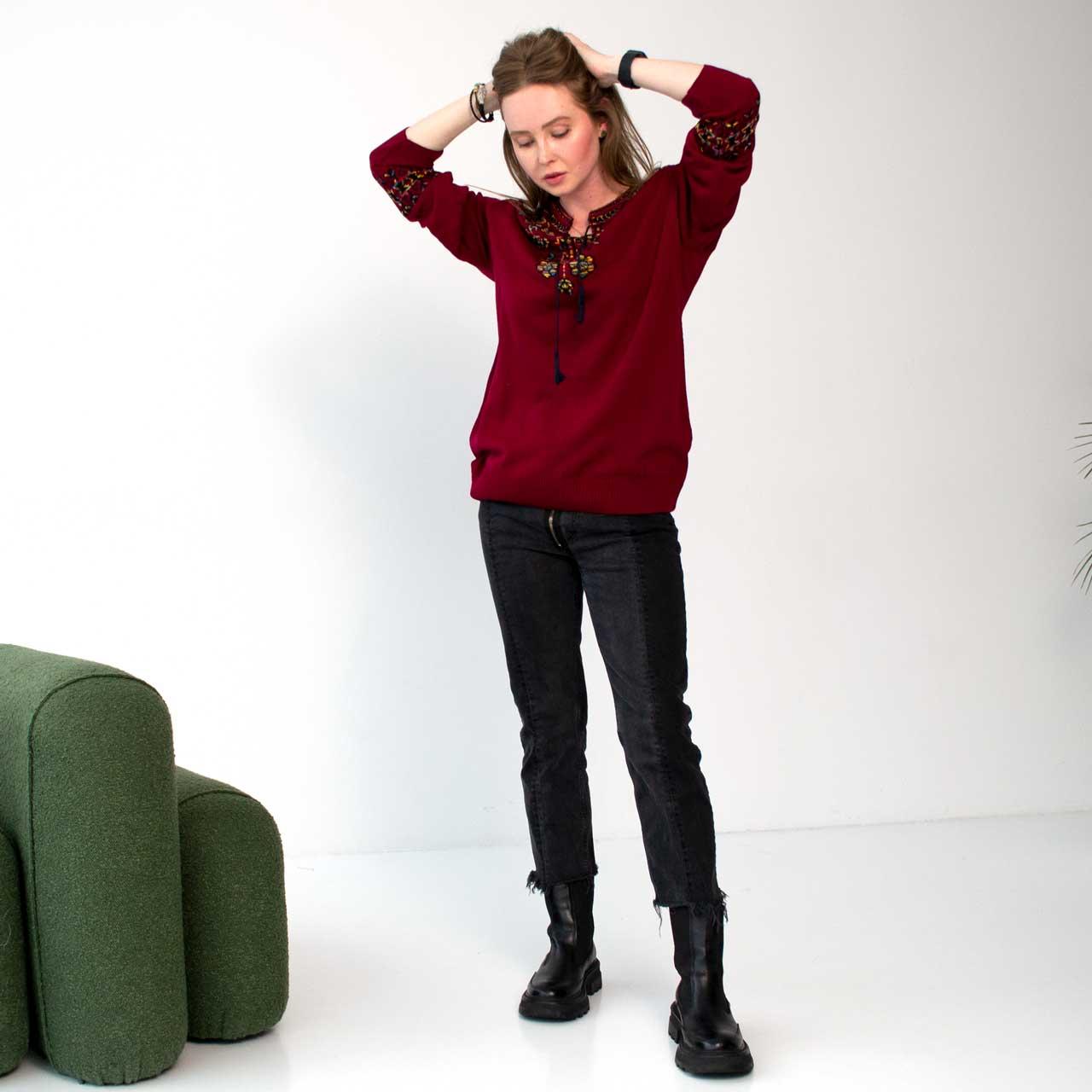 В'язаний светр Moderika Квітка 48-54 батал бордо з орнаментом, фото 1