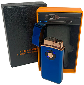 Запальничка електроімпульсна USB + газова в подарунковій коробці (2 блискавки та гостре полум'я) HL-421 синя