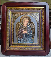Ікона Святий Ангел Хранитель в темному дерев'яному фігурному кіоті під склом,  розмір кіота 26*23, лік 15*18