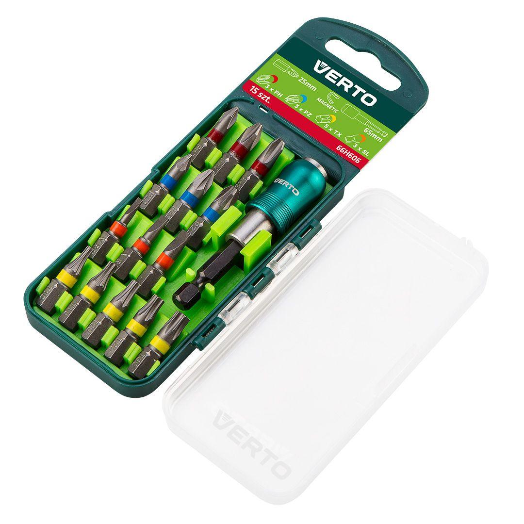 Накінечник викрутки, набір 16 шт., 25 mm - 3 x PH, 3 x PZ, 3 x SL, 5 x TX + тримач насадок Verto 66H606, фото 1