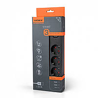 Мережевий подовжувач VIDEX ONCORD з/с 3п 3м (3x1.5 мм) 2.4 А 2 USB + USB-C з кнопкою Black