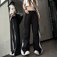 Женские брюки с боковыми молниями, 42-46 (оверсайз), черный, молоко, плащевка Канада.