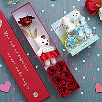 Подарочная коробка с розами из мыла и мишкой цветочный подарок на день влюбленных, подарок для девушки