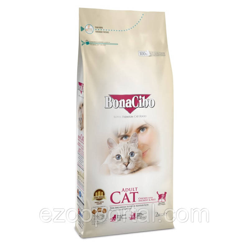 BONACIBO ADULT CAT 2kg сухий корм з м'ясом курки, анчоусами та рисом для дорослих котів всіх порід, фото 1