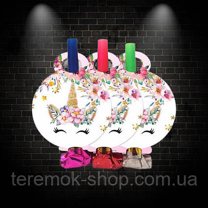 Язички гудки святкові Єдиноріг у квітах карнавальні набір 6 штук