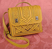 Большая кожаная сумка-портфель ручной работы "Проэкт", желтый портфель, желтая сумка через плечо