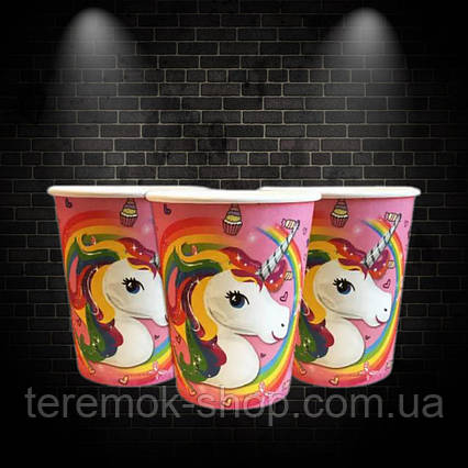 Стаканчики паперові одноразові Єдиноріг на рожевому, набір дитячих склянок з малюнком 10 шт