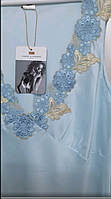 Розкішна французька нічна сорочка жіноча шовкова з мереживом Marc&Andre синя