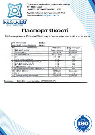 Вітамін B6 солянокислий піридоксин гідрохлорид PROFIPROT 1 кг, фото 3